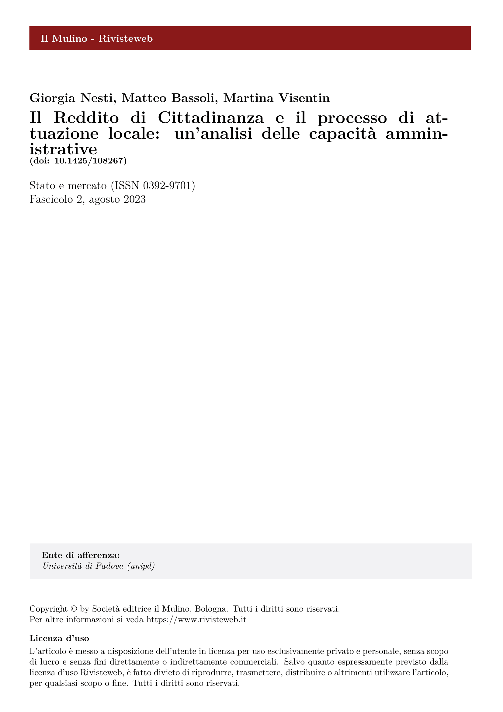 The Citizen Income and its local implementation. An analysis of administrative capacities