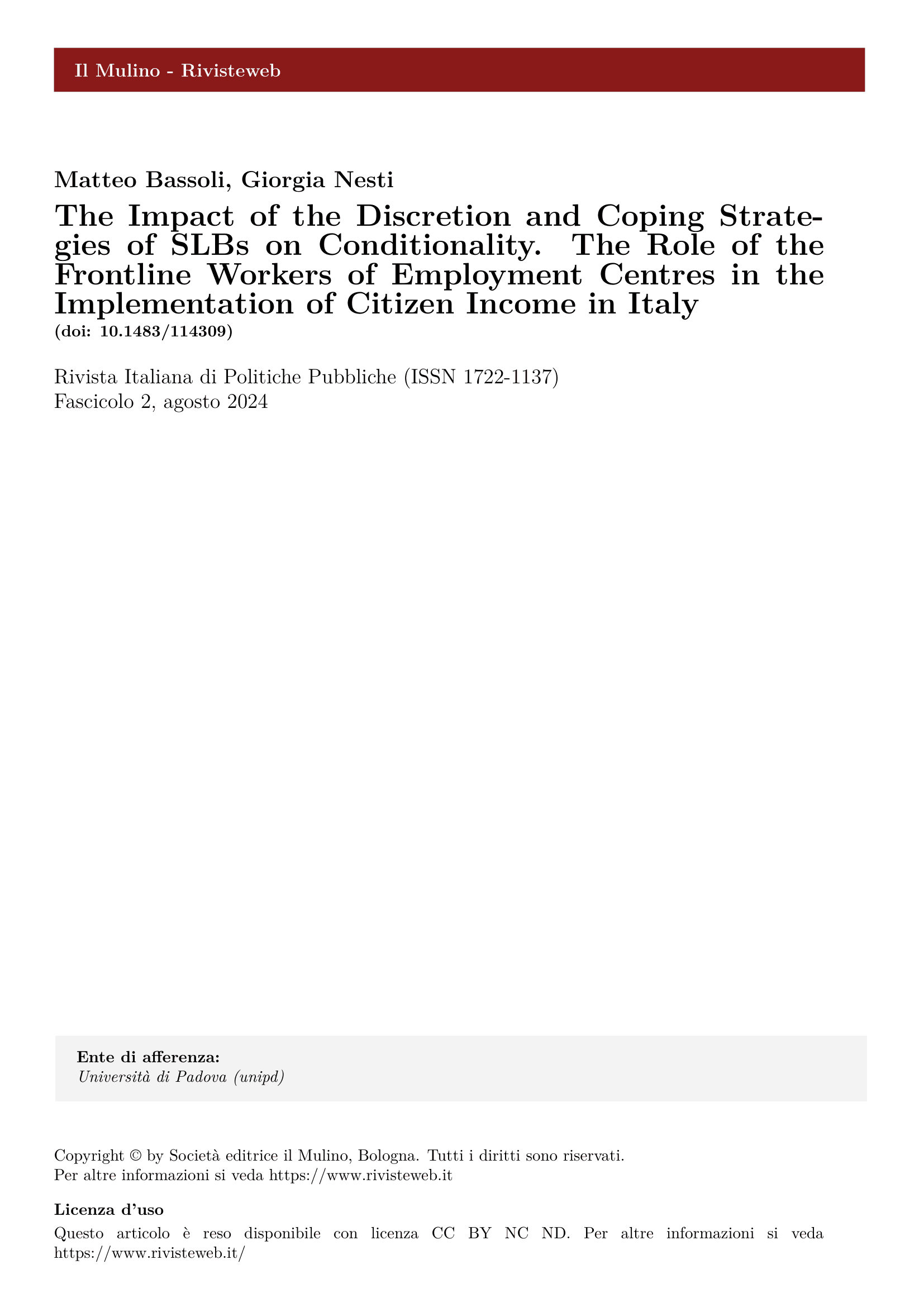 The Impact of the Discretion and Coping Strategies of SLBs on Conditionality. The Role of the Frontline Workers of Employment Centres in the Implementation of Citizen Income in Italy