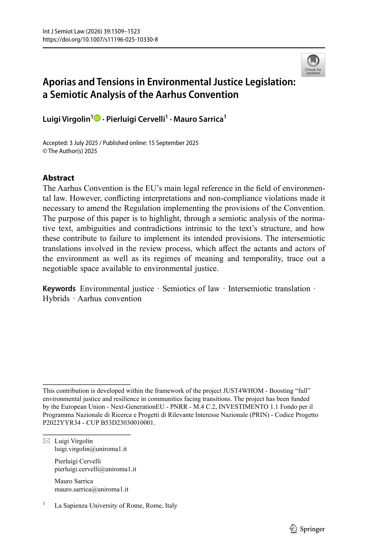 Aporias and Tensions in Environmental Justice Legislation: A Semiotic Analysis of the Aarhus Convention