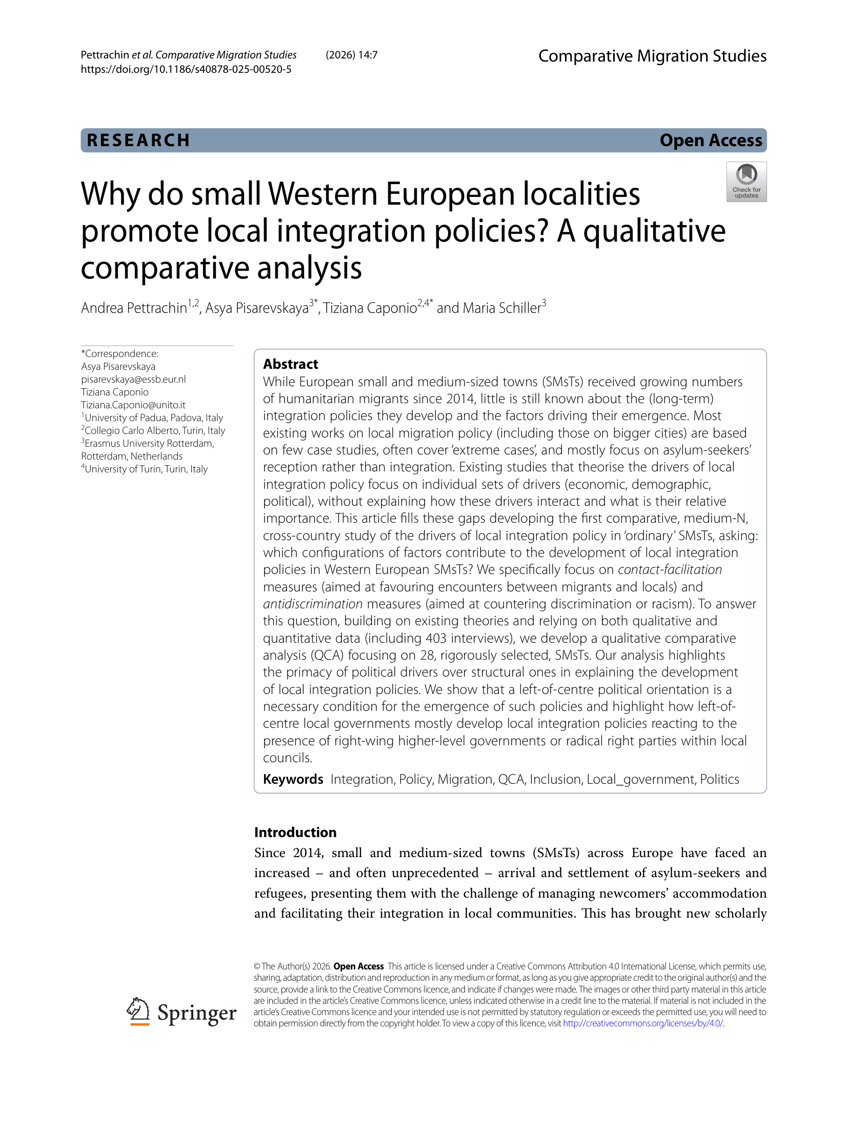 Why do small Western European localities promote local integration policies? A qualitative comparative analysis