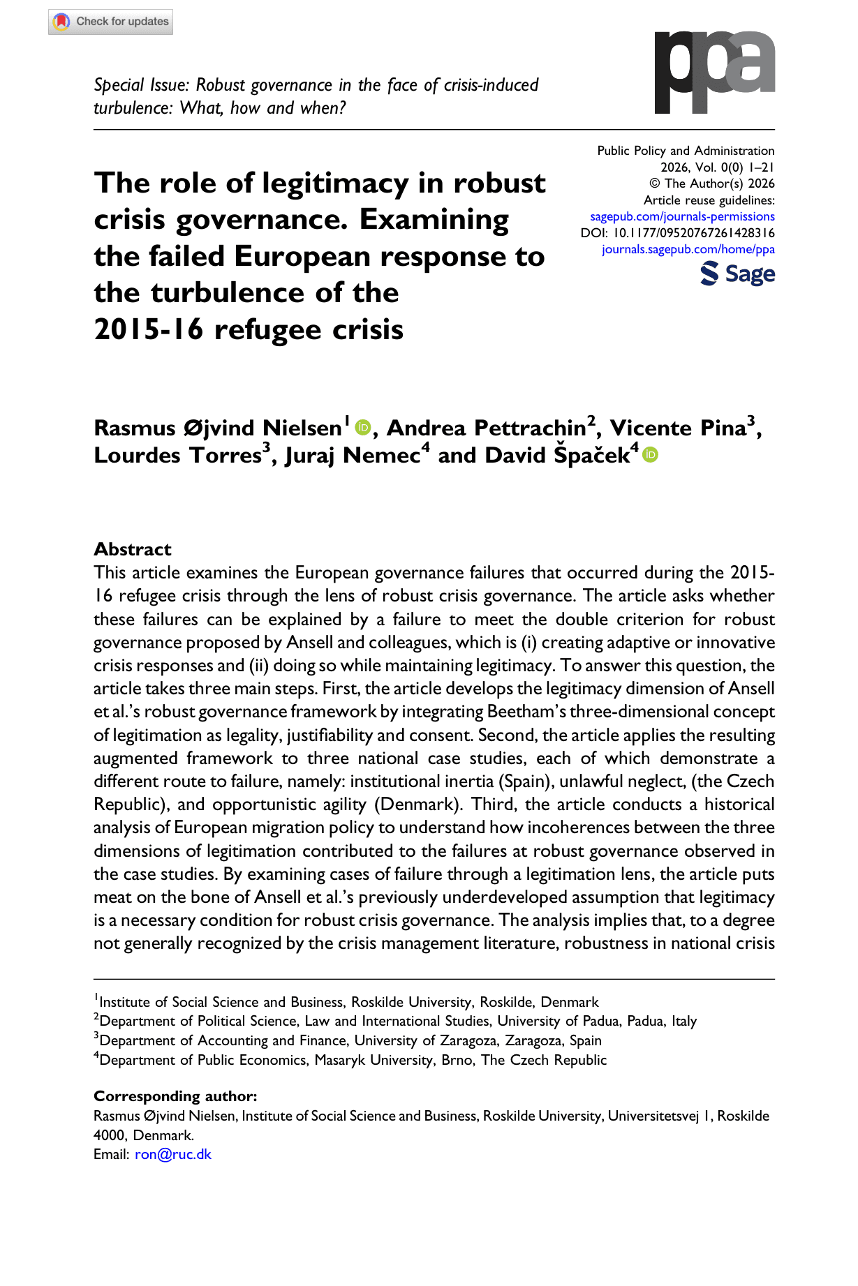 The role of legitimacy in robust crisis governance. Examining the failed European response to the turbulence of the 2015-16 refugee crisis