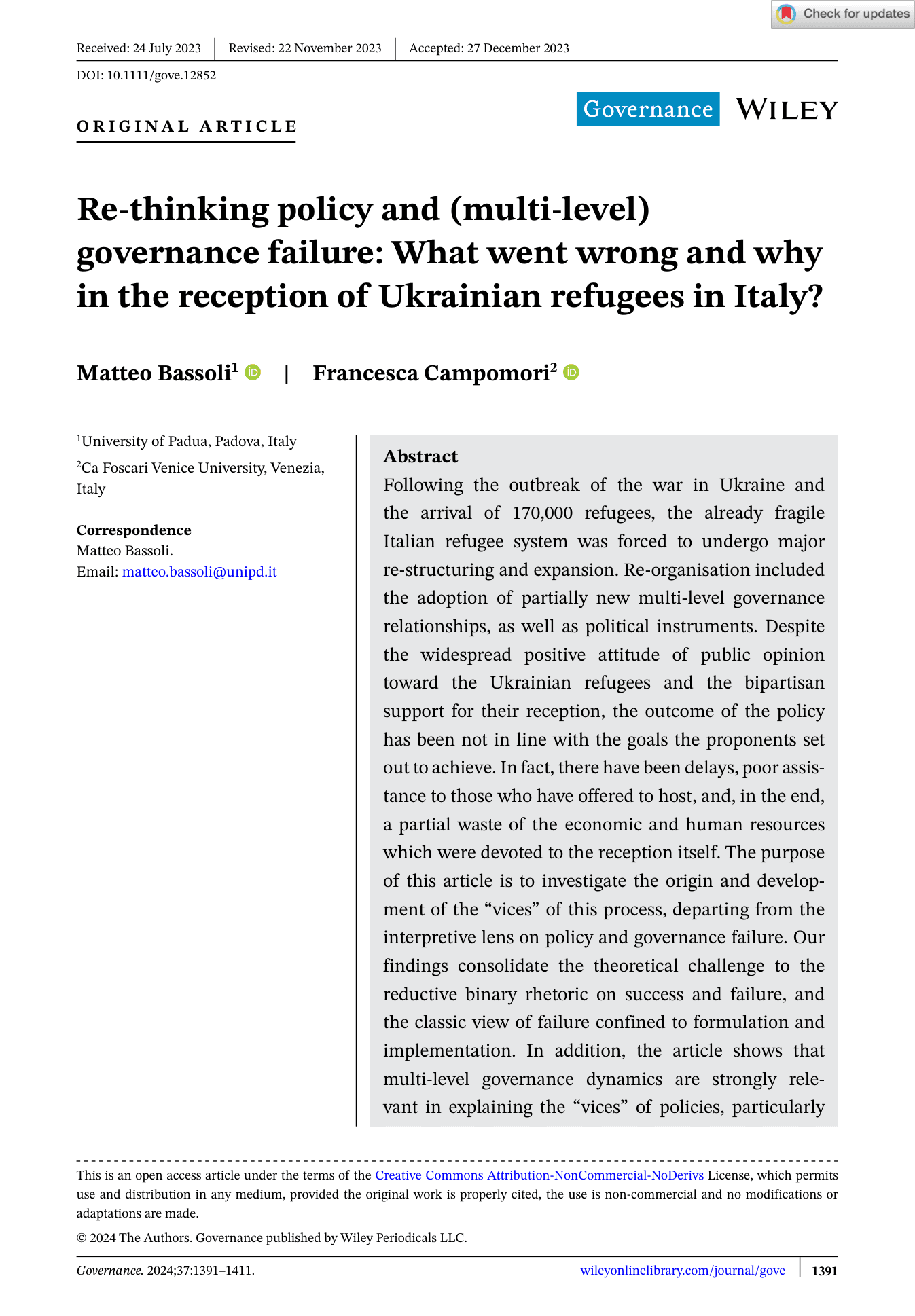 Re-thinking policy and (multi-level) governance failure: What went wrong and why in the reception of Ukrainian refugees in Italy?