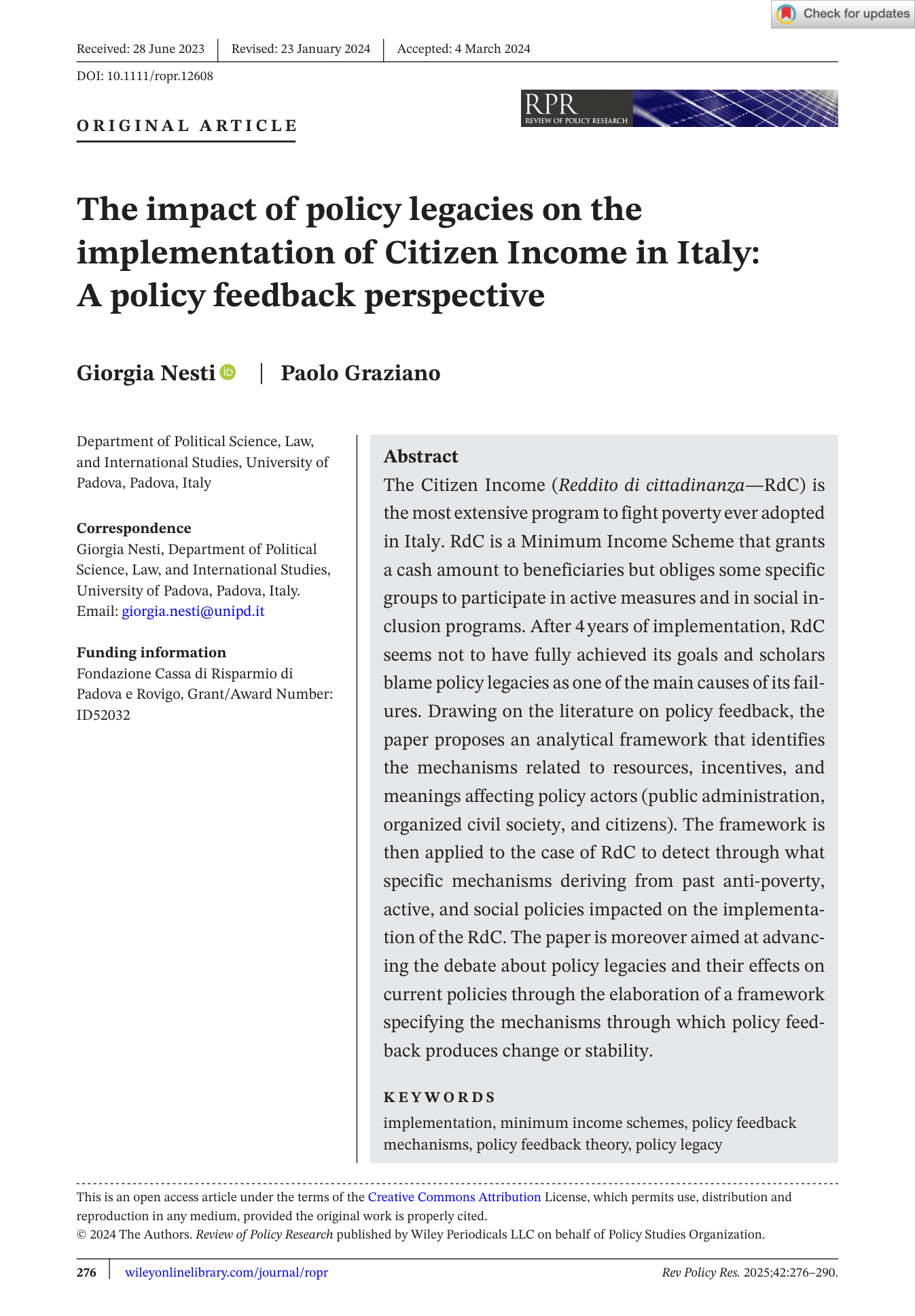The impact of policy legacies on the implementation of Citizen Income in Italy: A policy feedback perspective