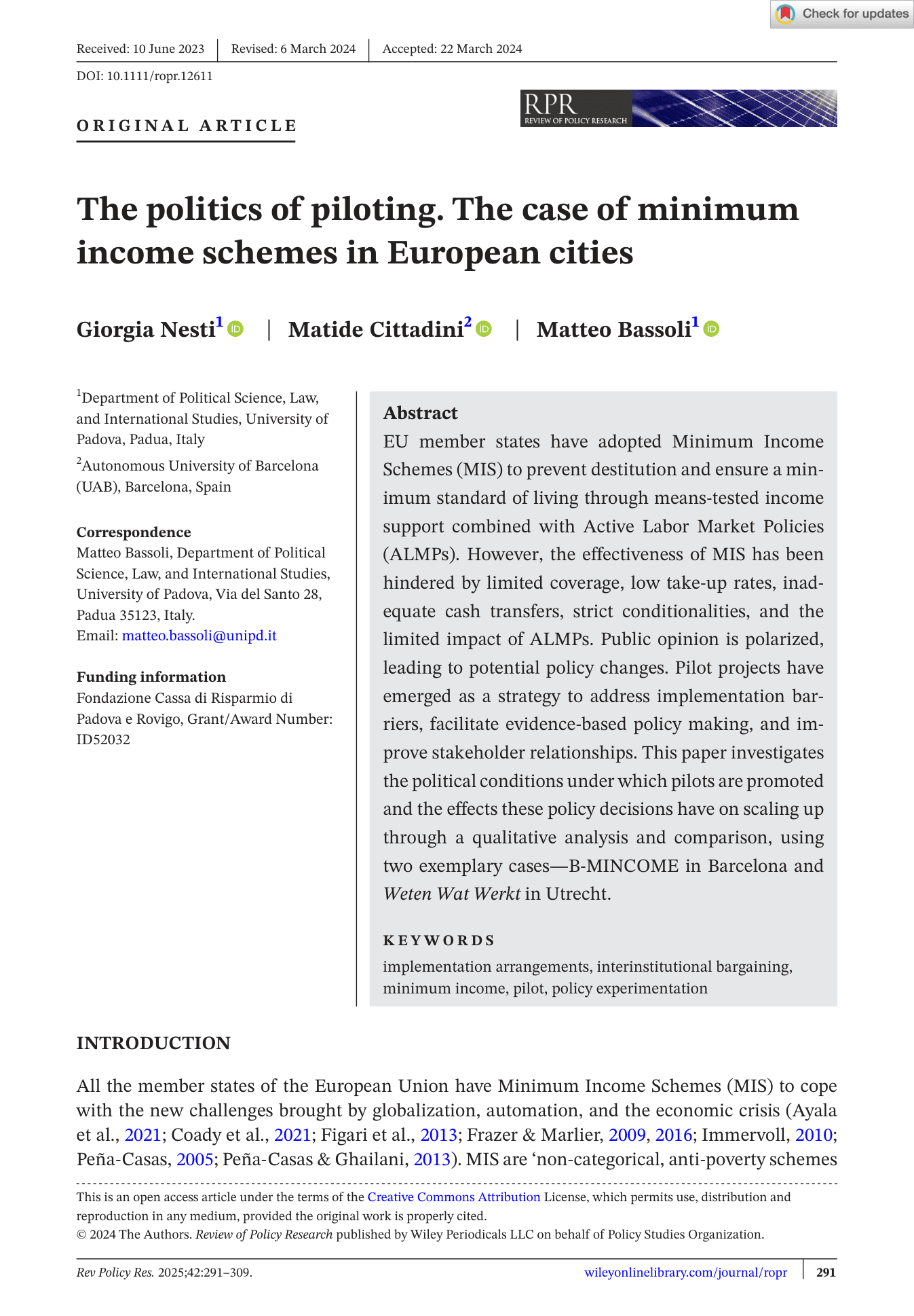 The politics of piloting. The case of minimum income schemes in European cities.