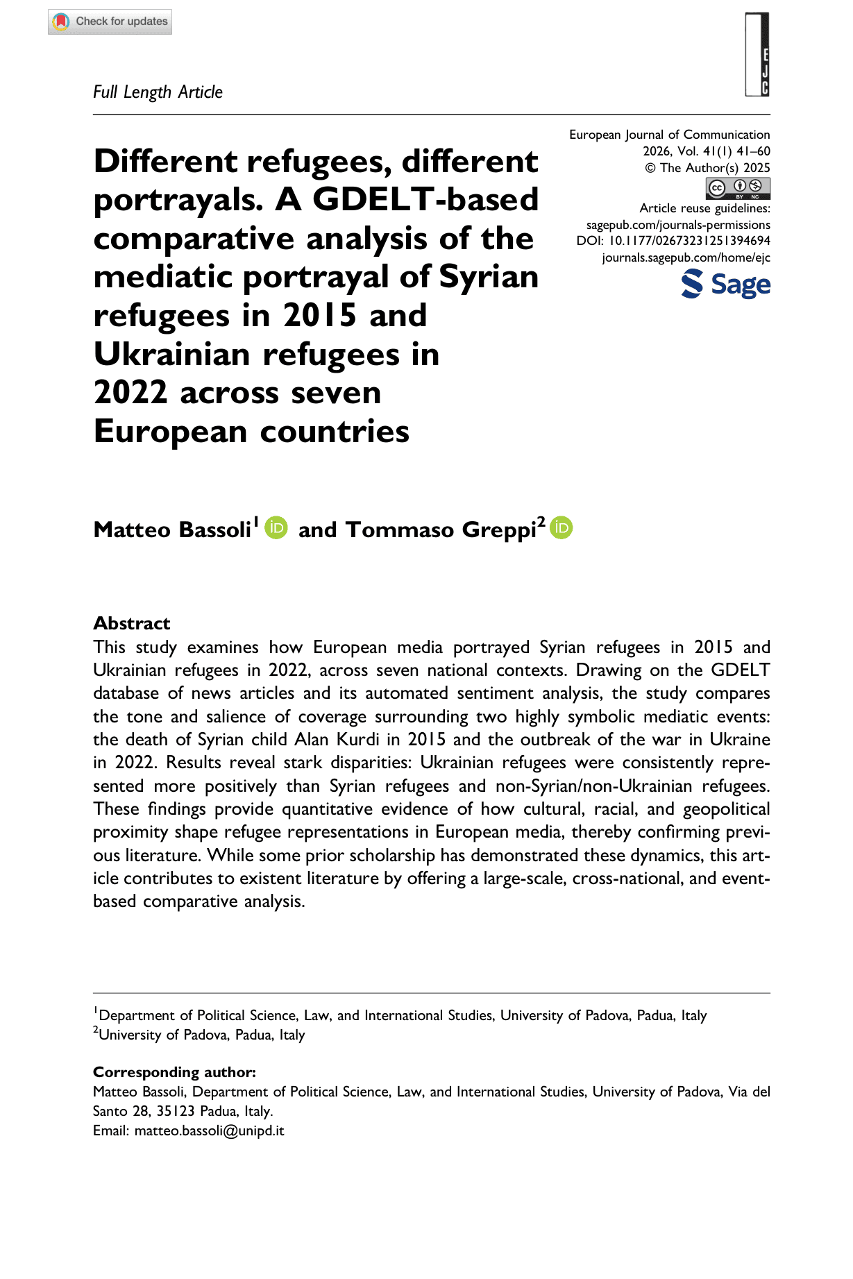 Different refugees, different portrayals. A GDELT-based comparative analysis of the mediatic portrayal of Syrian refugees in 2015 and Ukrainian refugees in 2022 across seven European countries