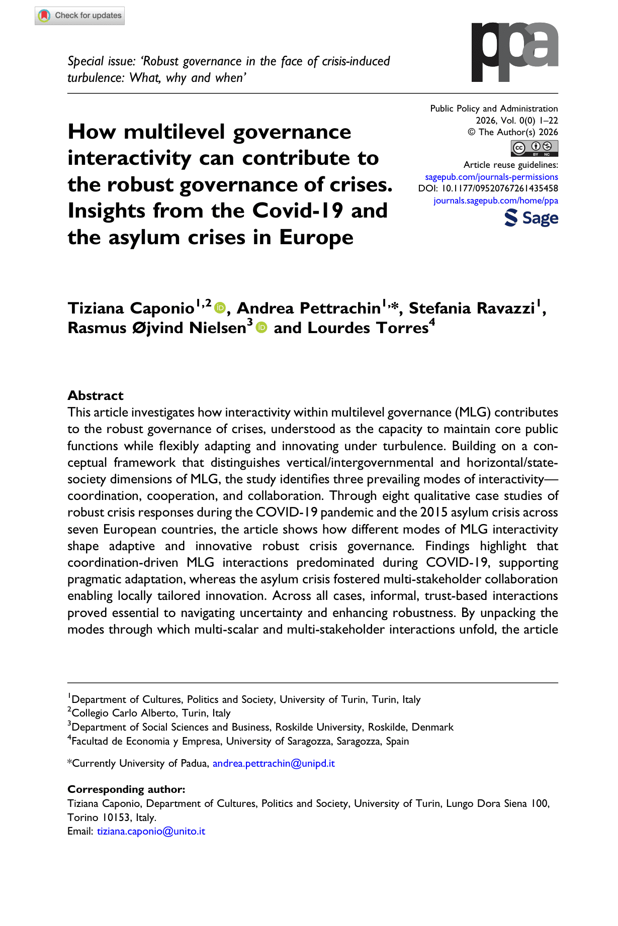 How multilevel governance interactivity can contribute to the robust governance of crises. Insights from the Covid-19 and the asylum crises in Europe