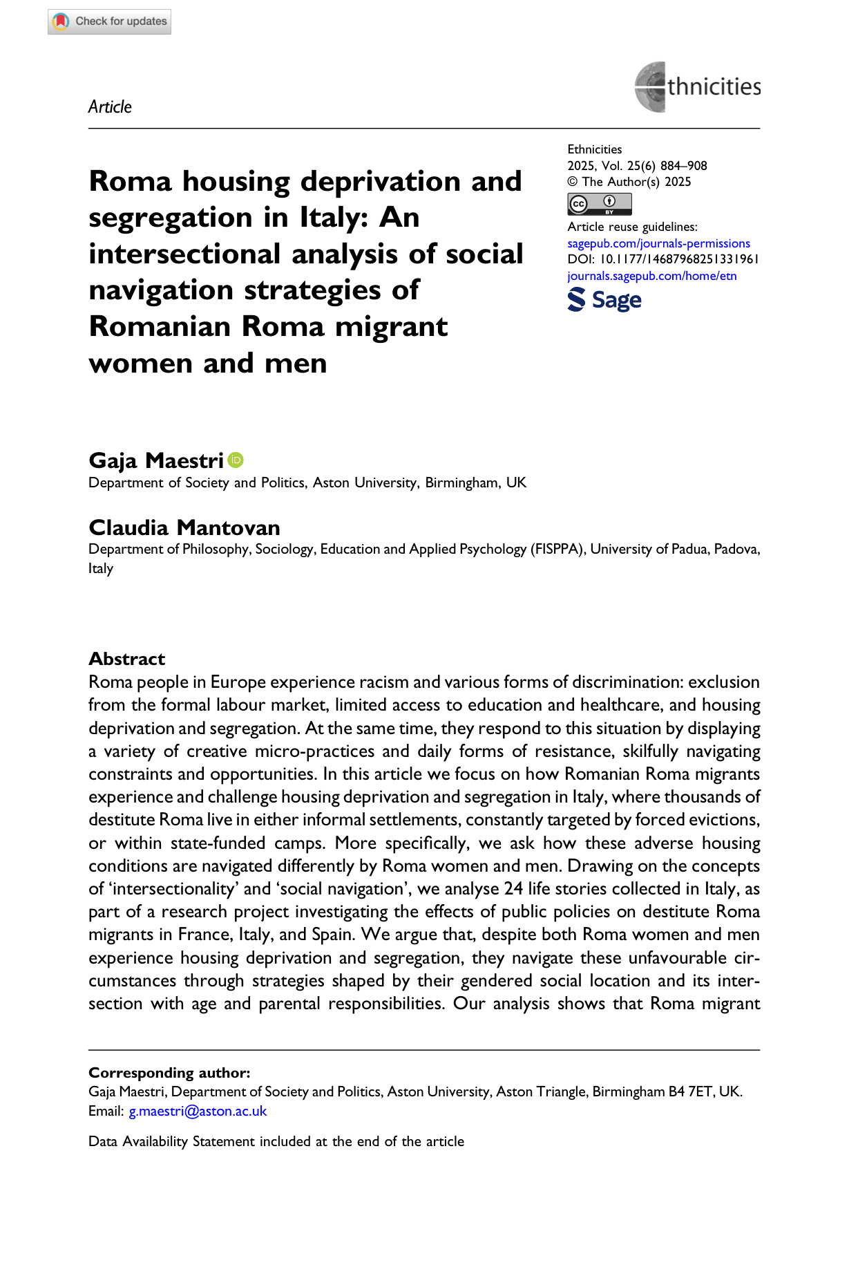 Roma housing deprivation and segregation in Italy: An intersectional analysis of social navigation strategies of Romanian Roma migrant women and men